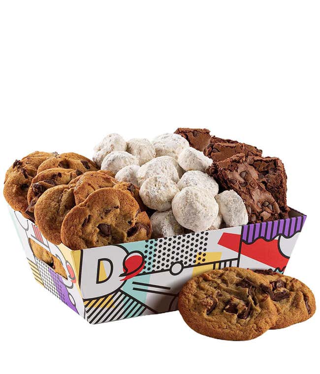 A colorful box filled with an assortment of David's cookies, including chocolate chip and powdered sugar cookies, along with brownies. Additional cookies are arranged in front of the box.