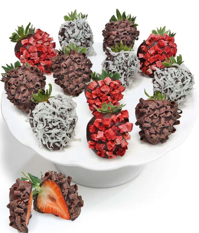 Twelve Belgian dark chocolate covered strawberries with freeze dried strawberry, chocolate curl, and coconut flake toppings.