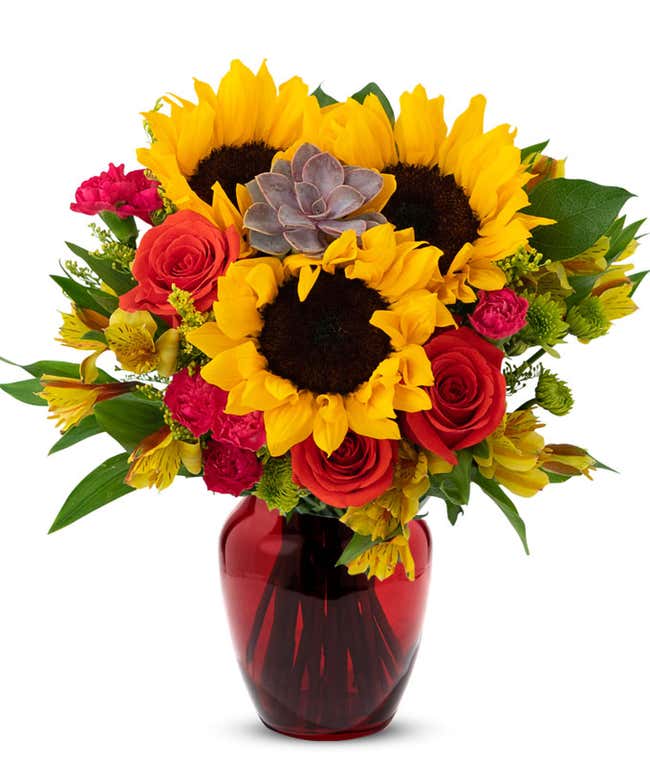 Autumn Succulent Bouquet with Sunflowers