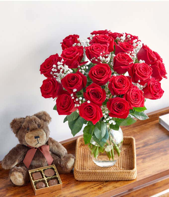 Two Dozen Red Roses with Bear & Chocolate