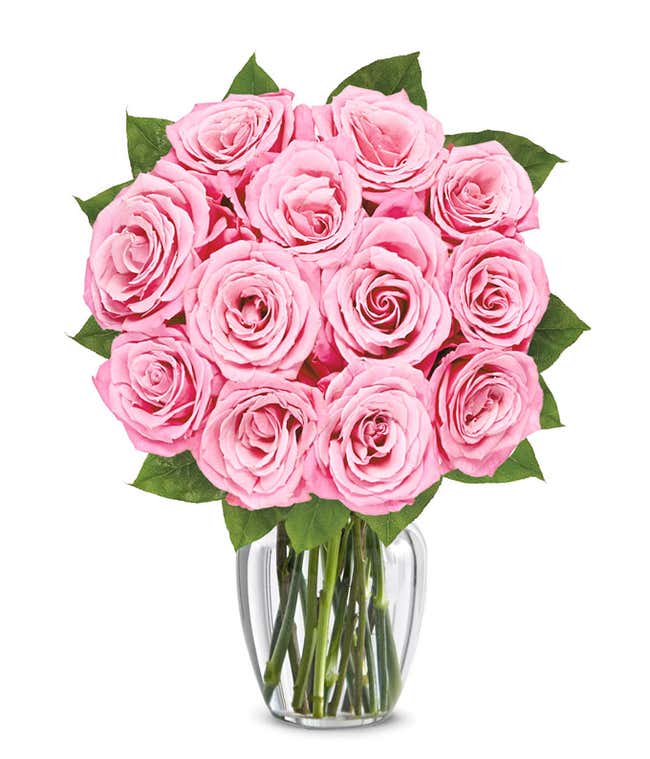 A delicate arrangement featuring one dozen light pink roses. This elegant and timeless display offers a touch of romance and sophistication, perfect for any special occasion.