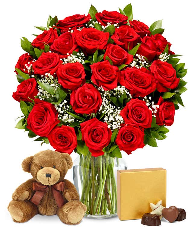 Two Dozen Red Roses + Chocolate + Bear