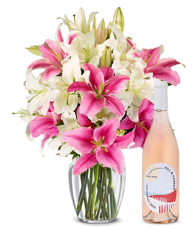 Pink and White Lilies with Rosé Wine