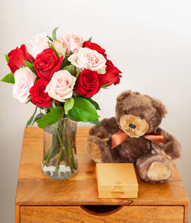 One Dozen Red &amp; Pink Roses with a Clear Glass Vase, Chocolates, &amp; Teddy Bear