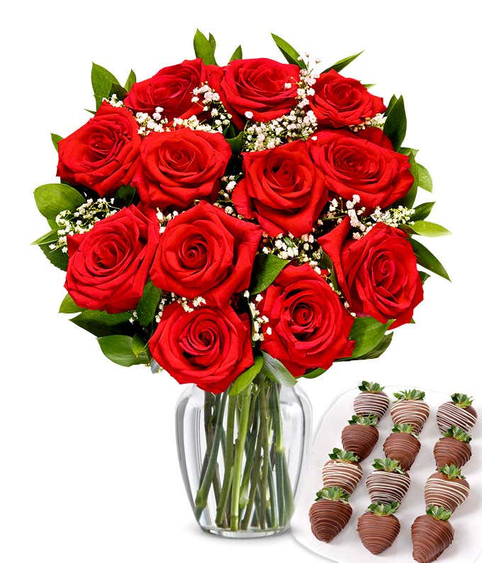 One dozen red roses with one dozen chocolate covered strawberries
