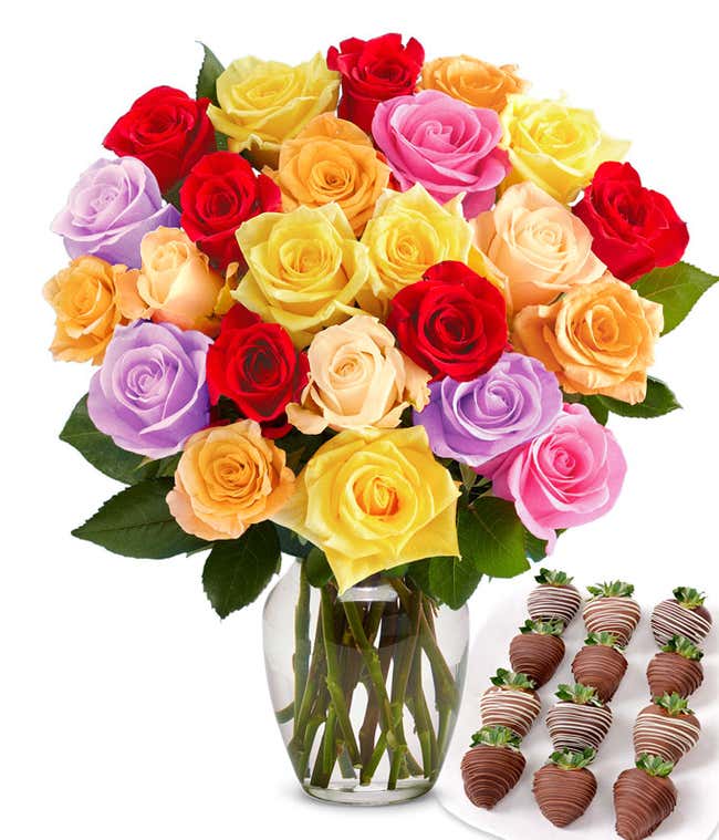 Two dozen rainbow roses with one dozen chocolate covered strawberries.