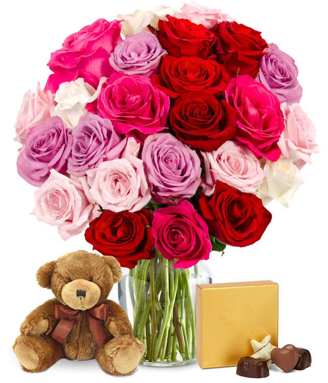 Two Dozen Sweetheart Roses + Chocolates + Bear