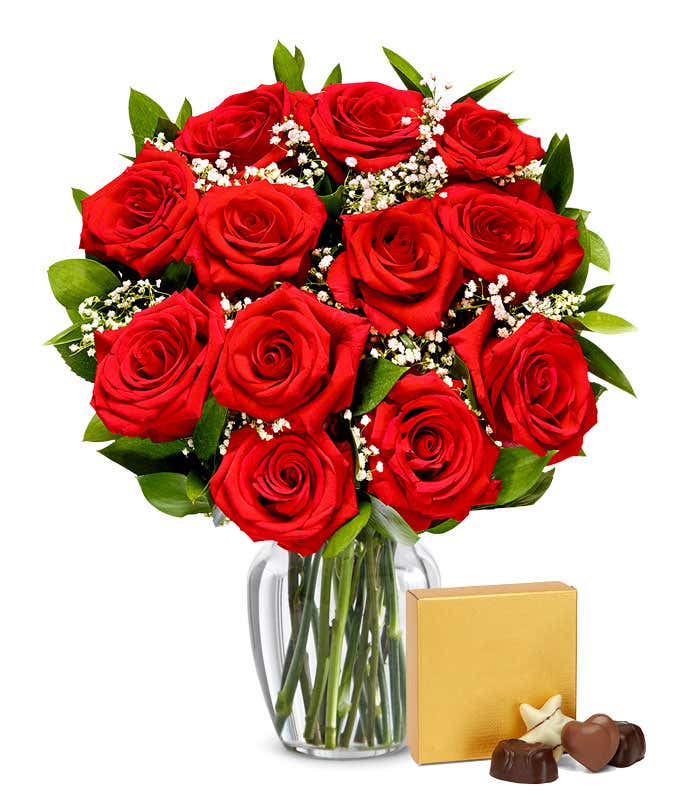 One dozen valentine's red roses with chocolates