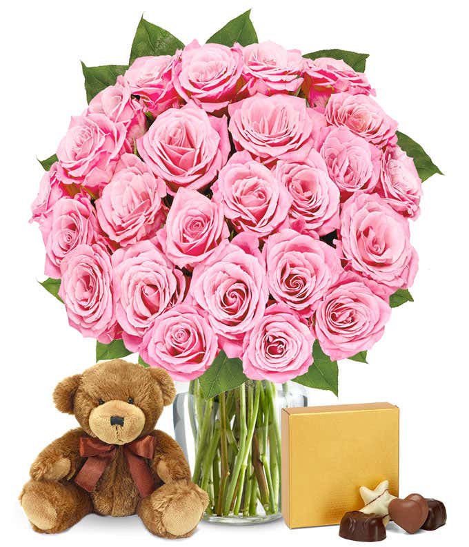 Two dozen pink roses delivered for Valentine with bear and chocolates