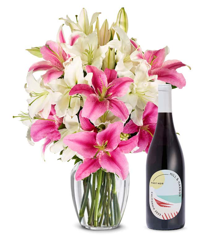 Pink and White Lilies with Red Wine