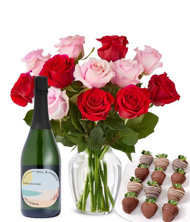 Pink &amp; Red Roses, Sparkling Wine, and Chocolate Dipped Strawberries