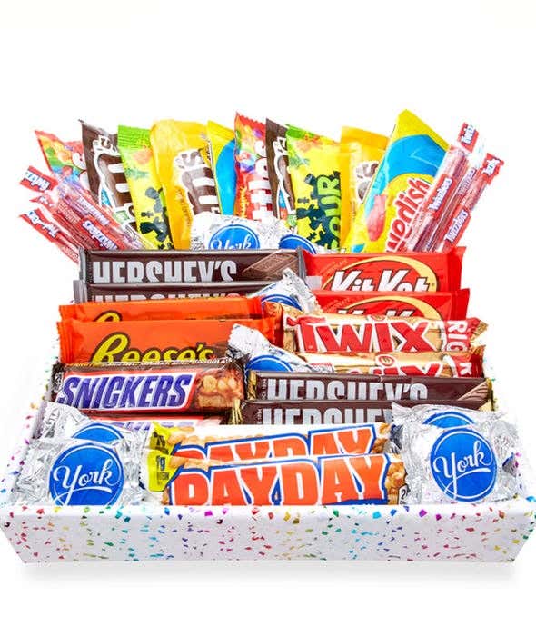 A gift box containing a variety of 30 full-size candy bars, with a personal card message.