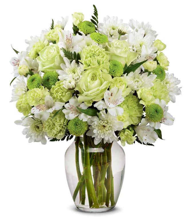 Green roses, green carnations, green button poms, and white cushion poms arranged in a clear glass vase, creating a fresh and elegant green and white floral bouquet.