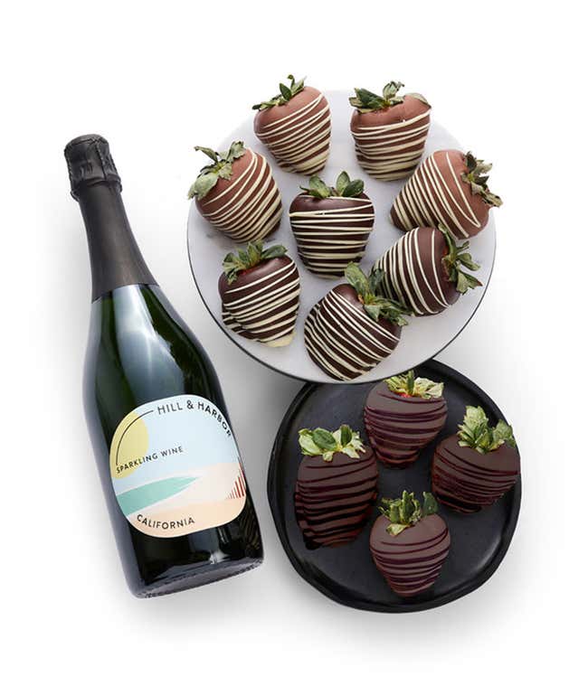 One dozen chocolate covered strawberries and a bottle of Hill and Harbor Sparkling Wine for delivery