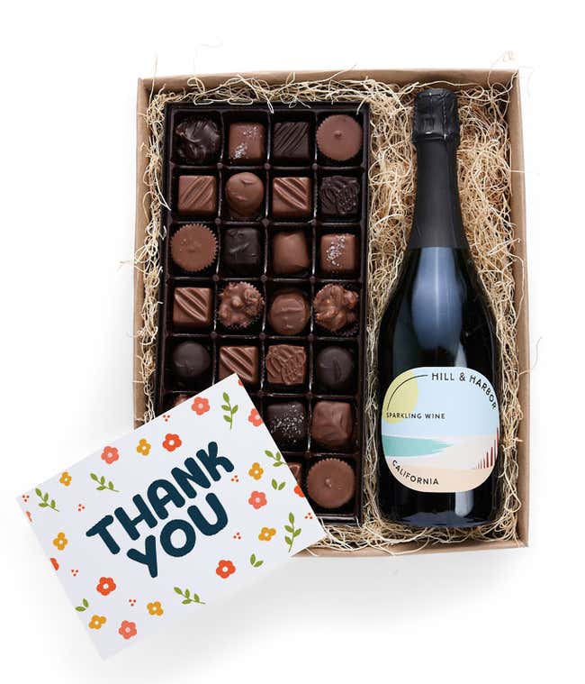A gift box containing a bottle of California Sparkling Wine by Hill &amp; Harbor, a 1 lb box of 28 assorted gourmet chocolates, and a Thank You card.   A refined combination perfect to show your appreciation.