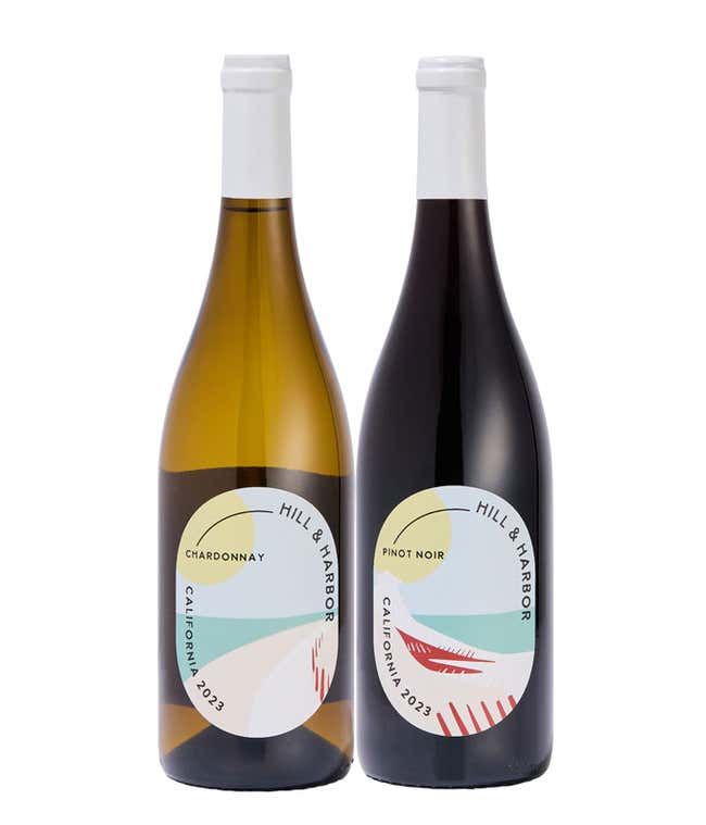 A two pack of Hill &amp; Harbor California wine containing a bottle of Pinot Noir and a bottle of Chardonnay.