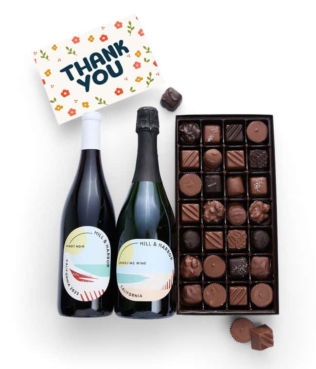 A gift box containing two bottles of California Wine - Pinot Noir &amp; Sparkling Wine, a 1 lb box of 28 assorted gourmet chocolates in a grid, and a Thank You card.   A refined combination perfect to show your appreciation.