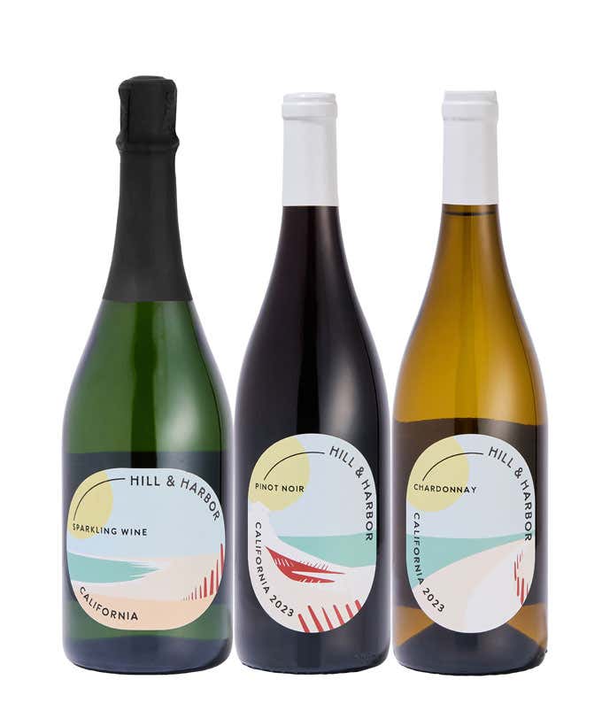 A three pack of Hill & Harbor California wine containing a bottle of Pinot Noir, a bottle of Chardonnay and a bottle of Sparkling Wine.