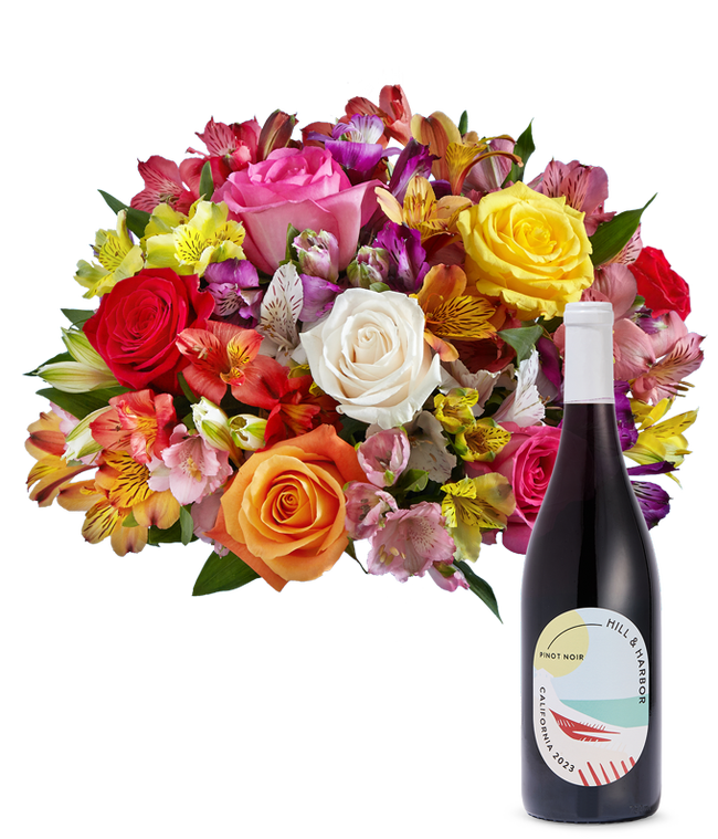 Partial image of Roses &amp; Lilies with Red Wine without vase.