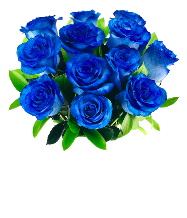 Partial image of A bouquet of one dozen blue roses, optionally arranged in a glass vase. without vase.