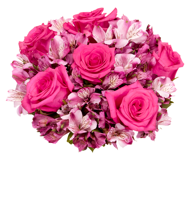 Partial image of A bouquet featuring pink roses and pink alstroemeria, with an optional glass vase. without vase.