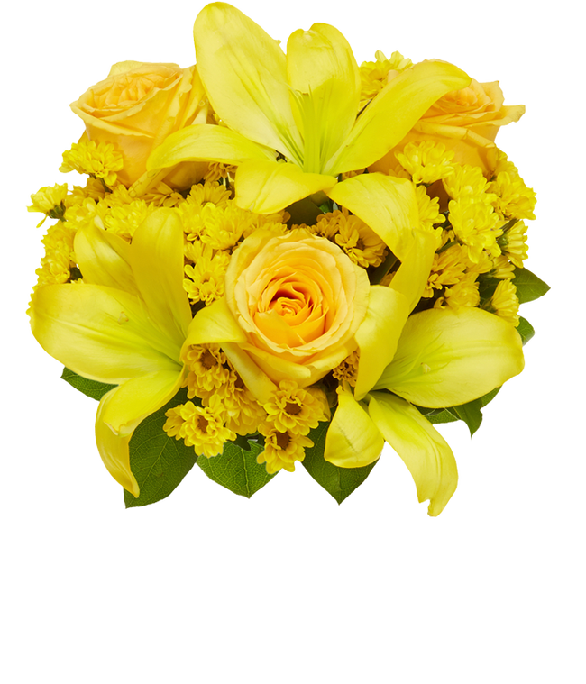 Partial image of A bouquet featuring yellow lilies, yellow roses, and yellow poms, with an optional glass vase. without vase.