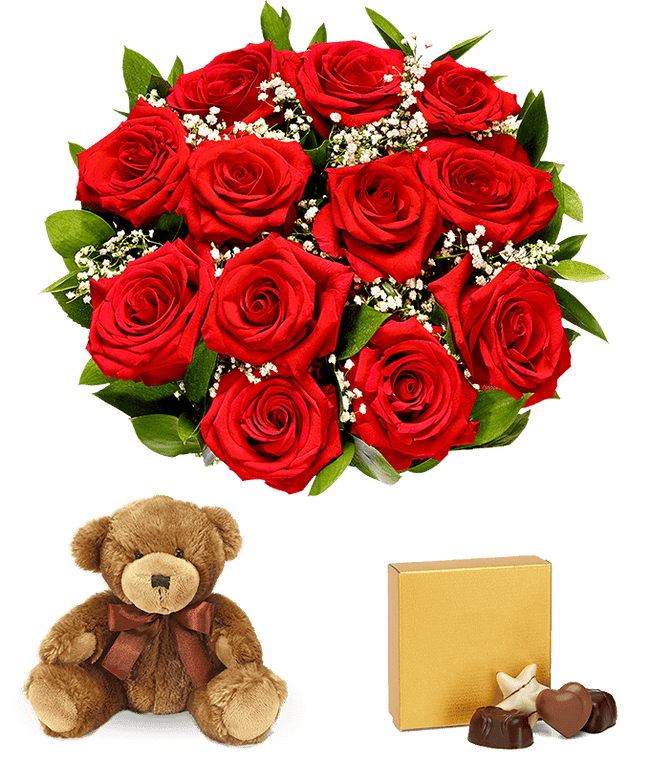 Partial image of One Dozen Red Roses + Chocolate + Bear without vase.