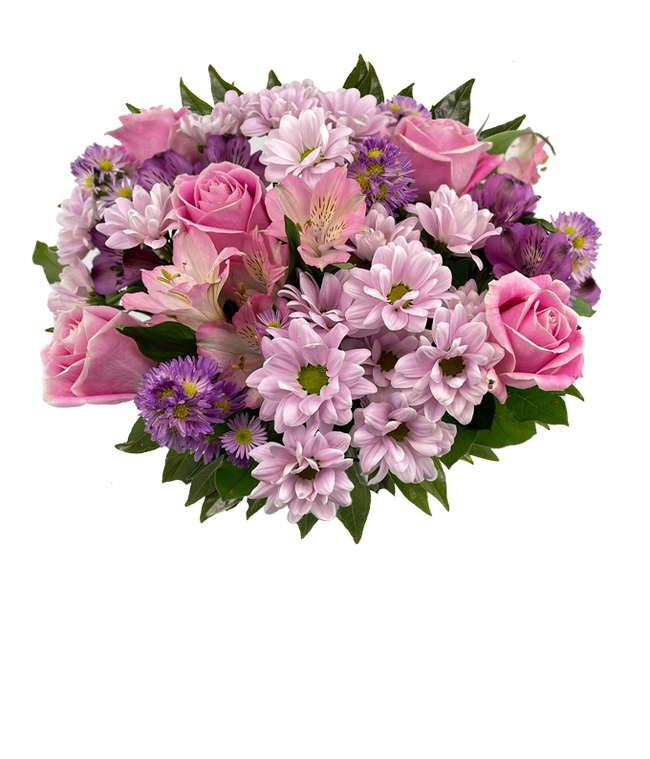 Partial image of A vibrant arrangement featuring pink roses, purple daisies, pink alstroemeria, purple alstroemeria, and purple Monte Casino, optionally arranged in a vase. This colorful mix offers a cheerful and lively display. without vase.