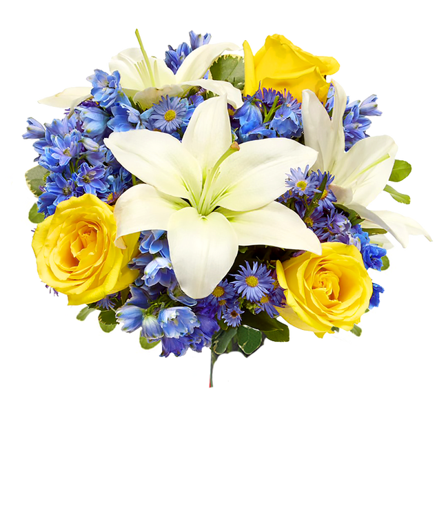Partial image of An elegant floral arrangement featuring white Asiatic lilies, yellow roses, blue delphinium, and purple Monte Casino, optionally arranged in a glass vase. This vibrant mix offers a stunning and colorful display. without vase.