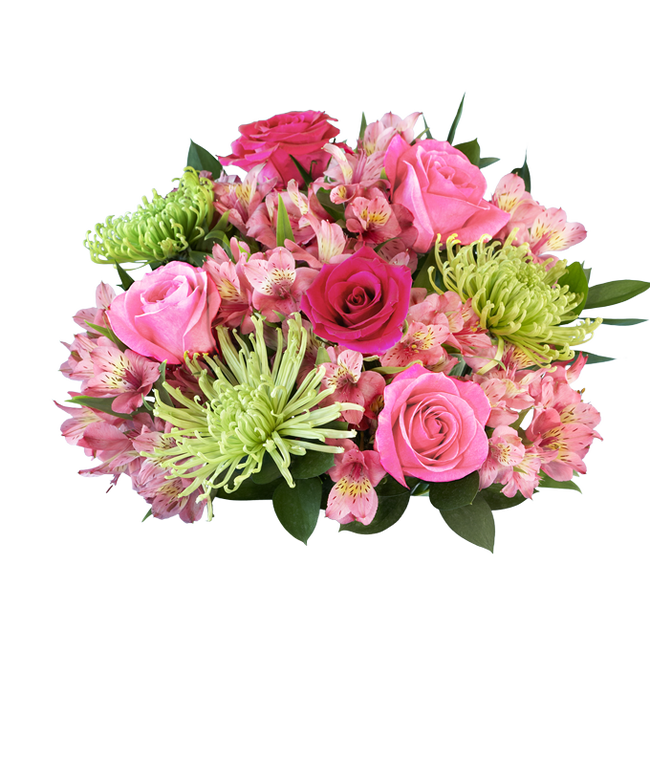 Partial image of A bouquet featuring pink roses, hot pink roses, green Fuji mums, and pink alstroemeria, with an optional glass vase. without vase.