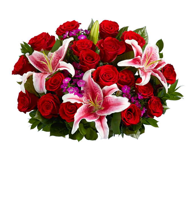 Partial image of 18 red roses, Stargazer lilies, pink dianthus, floral greens, optional glass vase. without vase.